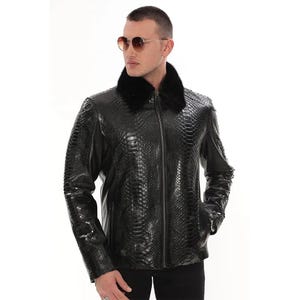 Men's Black Python Leather Jacket with Fur Collar, Luxury Exotic Biker Coat, Handmade Winter Outerwear