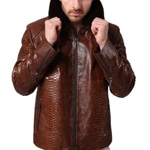 Brown Python Leather Jacket Men, Fur Collar Luxury Winter Coat, Exotic Snakeskin Jacket