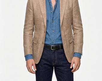 Blazer de lino marrón claro para hombre, abrigo deportivo informal, ropa de lino