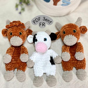 Mucca coccolosa all'uncinetto, modello PDF francese, mucca 3 in 1, Highland, maculata. Peluche