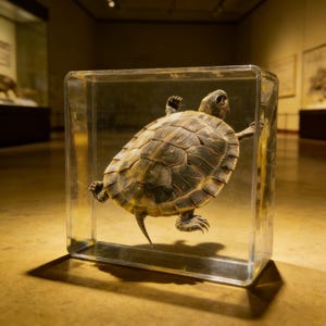 Peut inclure: Une tortue préservée dans un présentoir rectangulaire transparent. La carapace de la tortue présente des tons bruns et beiges, avec des écailles visibles. Ses membres et sa tête sont étendus, suggérant le mouvement. Le présentoir projette une ombre au sol.