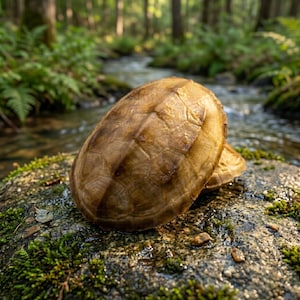 May include: Two brown turtle shells rest on a moss-covered rock near a stream. The shells have a textured, patterned surface and are illuminated by sunlight. The background features a blurred forest scene with green foliage.