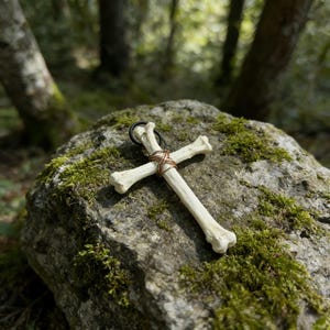 May include: A bone cross pendant with copper wire detailing, set on a mossy rock. The cross is off-white and has a black loop for suspension. The backdrop is a blurred woodland environment.