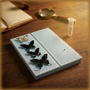 May include: A collection of pinned butterflies on a light blue grid board, with a magnifying glass and notebook in the background. The butterflies are black and tan, with delicate wing patterns. A scientific or educational theme.
