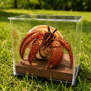 May include: A preserved hermit crab with a textured, reddish-brown exoskeleton and long, thin antennae, housed inside a clear acrylic display case with a wooden base. The crab is positioned within a spiral-shaped, cream-colored seashell.