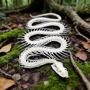 May include: A close-up of a snake skeleton, displaying its delicate bone structure. The white bones are arranged in a sinuous form on a bed of green moss and forest floor. The snake's skull is visible at the front, enhancing the realism.