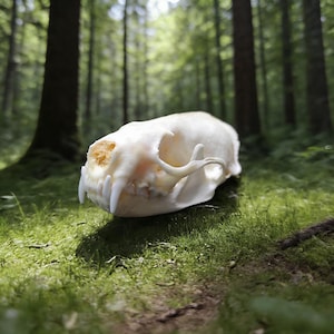 May include: A close-up of a white animal skull with visible teeth and eye sockets, resting on green grass. The skull is in focus, with a blurred forest background. The skull appears to be a mammal, possibly a fox or similar.