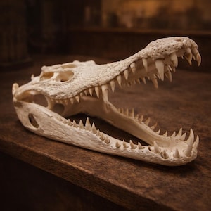 May include: An off-white alligator skull with open jaws, displaying numerous sharp teeth. The skull's textured surface is visible. It is positioned on a dark wooden surface. The image provides a detailed view of the reptile's skeletal structure, highlighting its natural form.