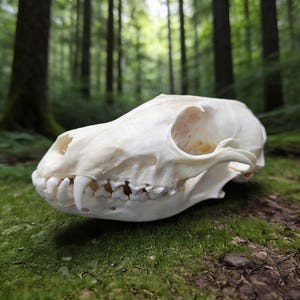 Könnte beinhalten: Nahaufnahme eines Fuchsschädels, cremefarben, mit sichtbaren Zähnen und Augenhöhlen. Der Schädel liegt auf grünem Moos, vor einem verschwommenen Waldbild. Das Bild zeigt die natürliche Knochenstruktur und Details des Schädels.