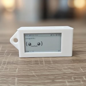 May include: A white electronic device with a small screen displaying text and a cartoon face. The device has a rectangular shape with a rounded corner and a loop on the side. The screen shows the text "ENS APS12 (52)" and "pwnagotchi> (o_o)".