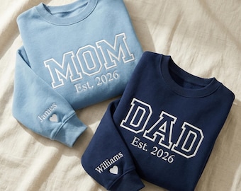 Personalisiertes Dad Besticktes Sweatshirt, Benutzerdefinierter Papa Hoodie mit den Namen der Kinder auf dem Ärmel, passende Mama & Papa Outfits, Vatertagsgeschenke