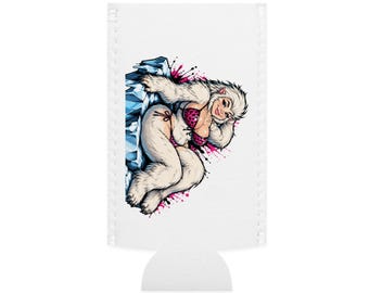 May include: A white can cooler featuring a graphic illustration of a white furry creature wearing a pink leopard print bikini, reclining against blue ice shards with pink paint splatters in the background on a plain white surface.