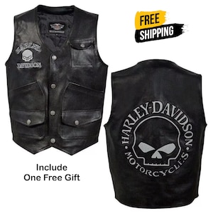 Men's Harley Davidson Reflective Skull Real Leather Black Motorcycle Vest Biker Vest