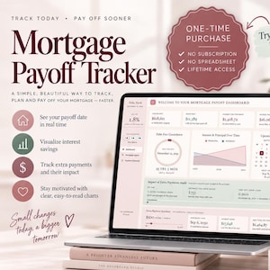 May include: A digital mortgage payoff tracker displayed on a laptop and smartphone screen. The interface features charts, payment schedules, and debt-free countdowns in a soft color palette. Text includes Mortgage Payoff Tracker, One-Time Purchase, and No Subscription. The layout is organized with financial data fields, calendars, and progress visualizations for tracking loan payments and interest savings.
