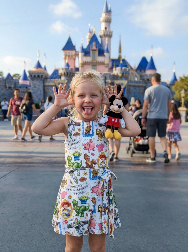 May include: A young child wearing a white dress with a colorful Toy Story print, holding a Mickey Mouse plush toy. The child is smiling and sticking out their tongue in front of a castle. The dress has a bow at the waist.
