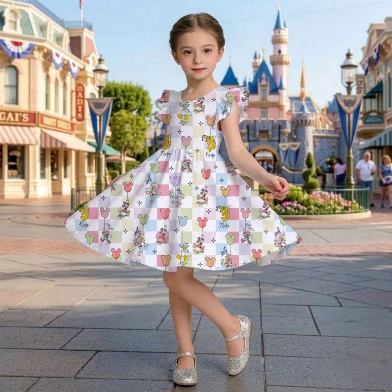 Puede incluir: Un vestido blanco con un colorido estampado de Mickey Mouse y globos. El vestido tiene mangas cortas con bordes con volantes y una falda acampanada. La ni&ntilde;a lleva zapatos plateados con purpurina. El fondo muestra un parque tem&aacute;tico.