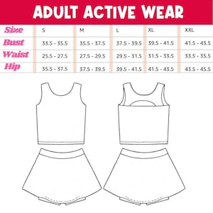 Op de afbeelding: Diagram van actieve kleding voor volwassenen, inclusief een tanktop en rokset. De afbeelding bevat een maattabel met borst-, taille- en heupmaten in cm voor de maten S, M, L, XL en XXL. De tekst "ADULT ACTIVE WEAR" staat bovenaan.