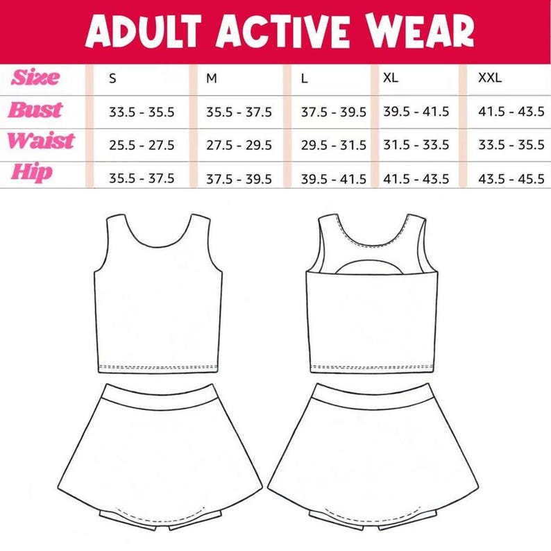 Op de afbeelding: Diagram van actieve kleding voor volwassenen, inclusief een tanktop en rokset. De afbeelding bevat een maattabel met borst-, taille- en heupmaten in cm voor de maten S, M, L, XL en XXL. De tekst "ADULT ACTIVE WEAR" staat bovenaan.