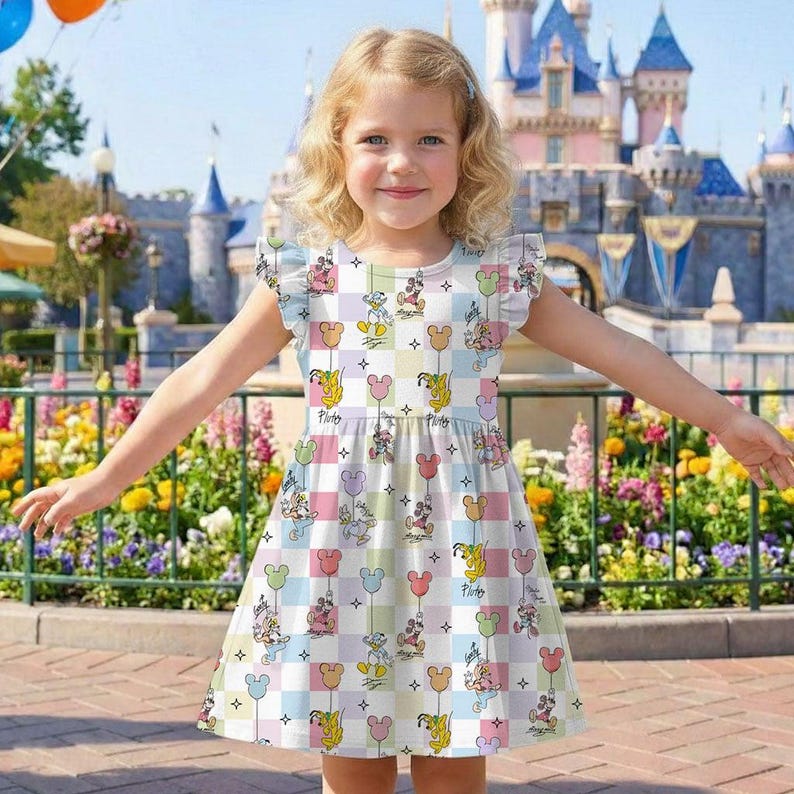 Vestido con volantes y bocetos caprichosos, disfraz de Mickey Mouse con globos, disfraz vintage de Disney Park, regalo de cumpleaños para niña pequeña, viaje de verano. imagen 7