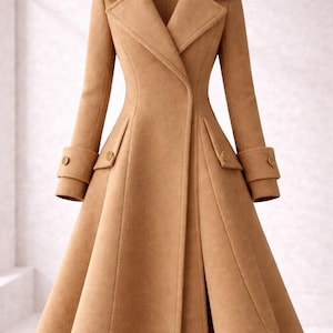 Può includere: Un cappotto lungo color cammello con una vestibilità sartoriale. Il cappotto presenta un ampio colletto, polsini con bottoni e una gonna svasata. Il cappotto ha due tasche anteriori e una chiusura doppiopetto. La lunghezza del cappotto è di circa 140 cm.