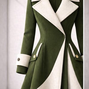 Handmade Two-Tone Wool Coat – Olive Green & Cream Winter Trench
