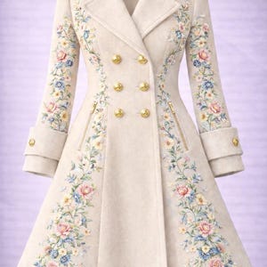Długi płaszcz damski w beżowe kwiaty – cyfrowy nadruk – luksusowy zimowy płaszcz