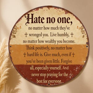 Puede incluir: Un letrero redondo de metal envejecido con el texto "Hate no one, no matter how much they've wronged you. Live humbly..." en una fuente vintage. El letrero tiene una combinación de colores crema, naranja y marrón con detalles florales.