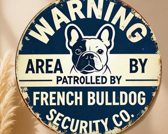 Placa de metal com aviso de Bulldog Francês, Área patrulhada pela Frenchie Security Co. Decoração de parede, Placa redonda de cachorro em estilo vintage, Arte para dono de animal de estimação