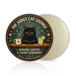May include: Round metal sign with a vintage design. The sign features a black cat with a stern expression, a coffee cup, and a cocktail. Text reads "The Judgy Cat Lounge" and "Serving Coffee & Silent Judgment."