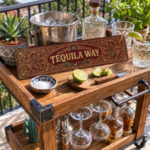 May include: A wooden bar cart with a "TEQUILA WAY" sign, a bottle of tequila, ice bucket, glasses, limes, and a small bowl of salt. The cart has a rustic design with metal accents and is set up for making cocktails.