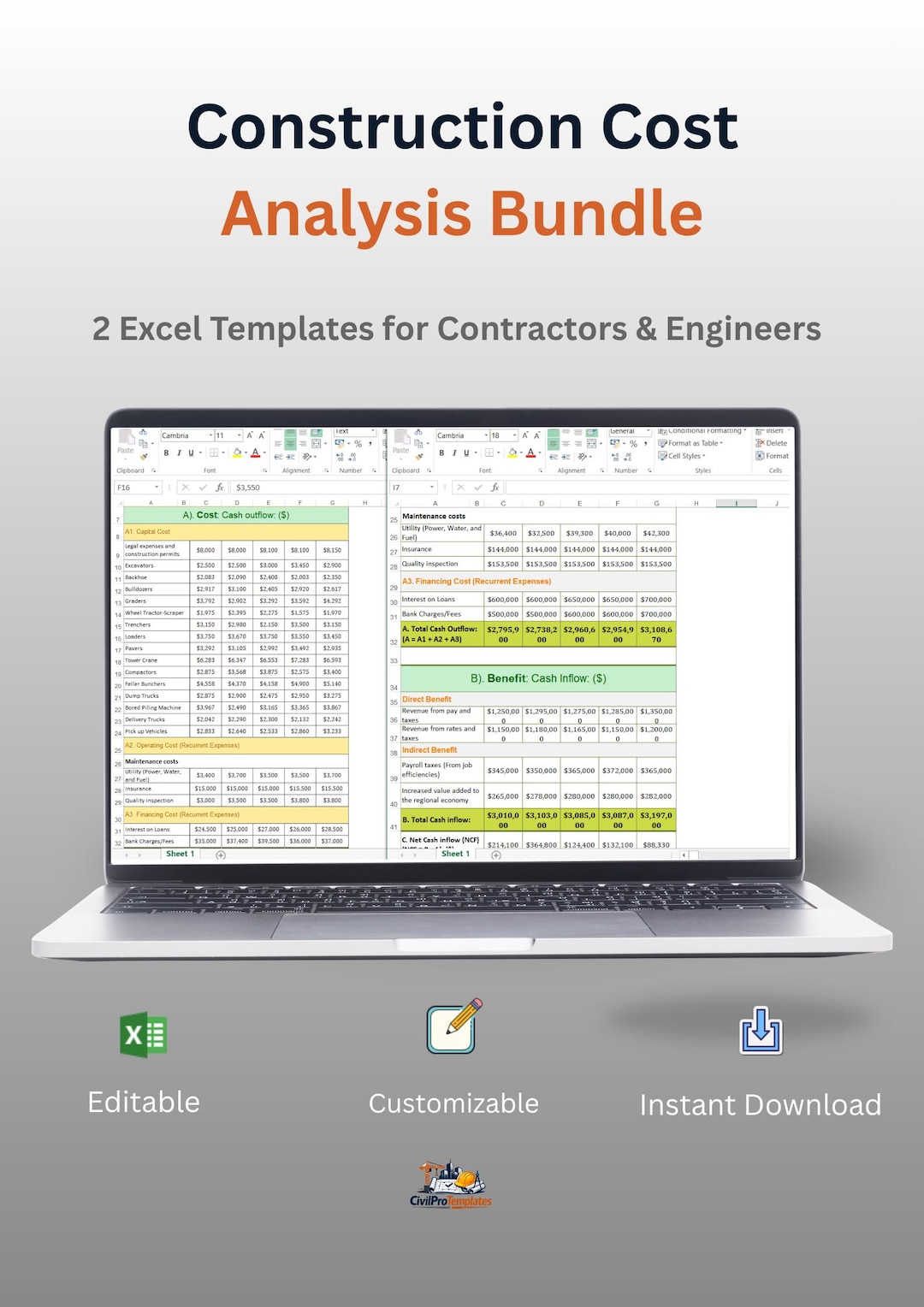 Construction Cost Analysis Excel Templates | Job and Equipment Cost ...