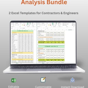 Puede incluir: Una computadora portátil muestra una hoja de cálculo de Excel con datos financieros, titulada "Construction Cost Analysis Bundle". La pantalla muestra tablas de análisis de costos. El texto "Editable", "Customizable" e "Instant Download" está incluido.