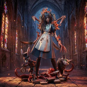 Puede incluir: Figura detallada de una escena oscura y gótica de Alicia en el país de las maravillas. Alicia, con un vestido azul y un delantal, sostiene un cuchillo, flanqueada por un gato de Cheshire demoníaco y un conejo con un reloj de bolsillo. El fondo es una catedral.