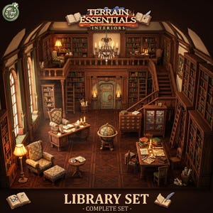 May include: A miniature library set featuring a two-story wooden structure with bookshelves, a central chandelier, a desk, chairs, a globe, and a staircase. The text Terrain Essentials Volume II Interiors and Library Set Complete Set is visible.