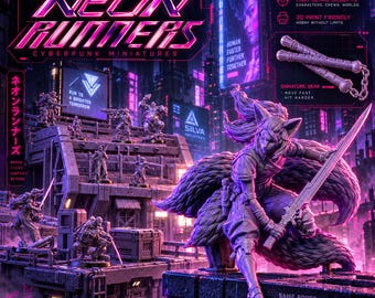 Neon Runners Cyberpunk Rooftop Skirmish Miniatures & Terrais (STL Bundle)