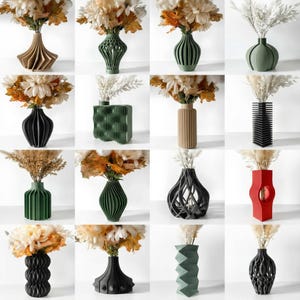 Pu&ograve; includere: Una collezione di vasi decorativi di varie forme e colori, ognuno con fiori e fogliame secchi. I vasi sono in tonalit&agrave; di verde, nero, beige e rosso, con design geometrici e organici unici. I vasi sono vuoti.