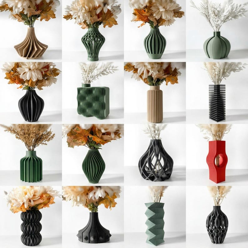 Pu&ograve; includere: Una collezione di vasi decorativi di varie forme e colori, ognuno con fiori e fogliame secchi. I vasi sono in tonalit&agrave; di verde, nero, beige e rosso, con design geometrici e organici unici. I vasi sono vuoti.