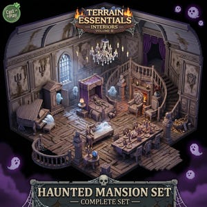 May include: A miniature haunted mansion interior set featuring a wooden floor, a grand piano, a four-poster bed with a skeleton, a dining table with candles, a fireplace, and a staircase. The scene includes translucent ghost figures and text.