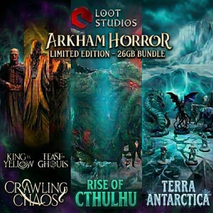 Pode incluir: Um gráfico promocional digital para o pacote Loot Studios Arkham Horror Limited Edition 26GB. A imagem apresenta ilustrações de personagens de fantasia, um grande monstro verde e figuras em miniatura com texto incluindo King in Yellow, Feast for Ghouls, Crawling Chaos, Rise of Cthulhu e Terra Antarctica.