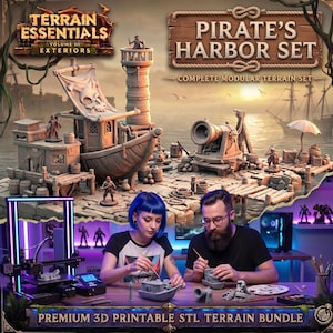 May include: A 3D printable terrain set titled Pirate's Harbor Set featuring a miniature ship, lighthouse, and cannon. The image shows two people painting small gray plastic models on a wooden table next to a 3D printer and a digital display.