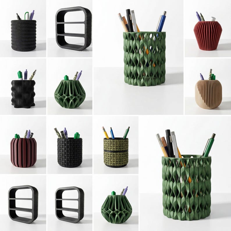 Pu&ograve; includere: Collezione di organizer da scrivania in vari design e colori. Include stili cilindrici, geometrici e intrecciati. Alcuni sono pieni di penne e matite. I colori includono nero, verde, rosso e beige.
