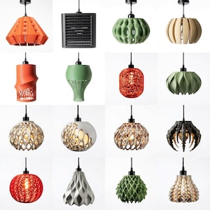 Pu&ograve; includere: Una collezione di moderne lampade a sospensione in varie forme e colori. I design includono forme geometriche, organiche e astratte, con colori che vanno dall'arancione e verde alle tonalit&agrave; neutre. Ogni lampada &egrave; appesa a un cavo nero.