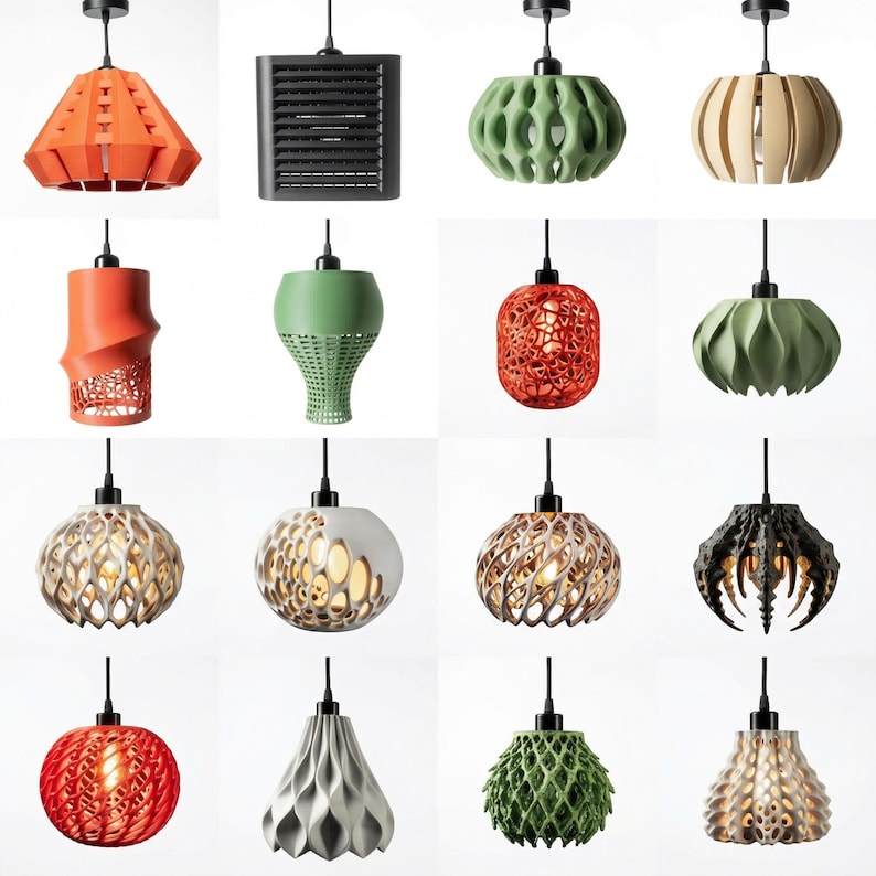 Pu&ograve; includere: Una collezione di moderne lampade a sospensione in varie forme e colori. I design includono forme geometriche, organiche e astratte, con colori che vanno dall'arancione e verde alle tonalit&agrave; neutre. Ogni lampada &egrave; appesa a un cavo nero.