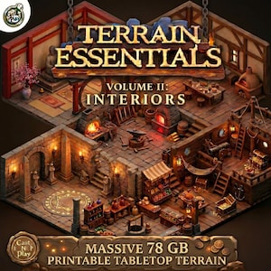 Könnte beinhalten: Eine digitale Sammlung mit dem Titel Terrain Essentials Volume II: Interiors, die isometrische Ansichten verschiedener Fantasy-Räume wie eine Schmiede, ein Schiffsdeck und eine Steinkammer zeigt, insgesamt 78 GB an druckbaren Geländedateien.