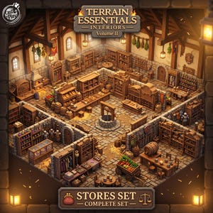 May include: An isometric digital illustration of a fantasy marketplace interior featuring wooden stalls, shelves filled with goods, a central stone well, and a produce cart. The text reads Terrain Essentials Interiors Volume II and Stores Set Complete Set.