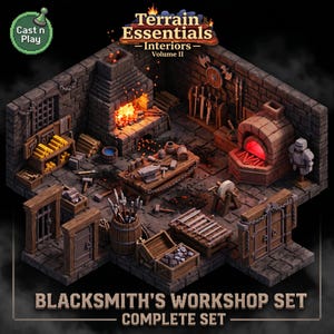 May include: A miniature blacksmith's workshop set featuring a stone forge with glowing embers, an anvil on a wooden workbench, a brick oven, weapon racks, a barrel of tools, a crate of coal, and wooden doors, labeled Terrain Essentials Interiors.