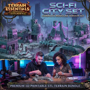 Puede incluir: Un set de ciudad de ciencia ficción con piezas de terreno modulares, edificios, plataformas y estructuras de color verde azulado. Incluye figuras en miniatura y elementos de energía de color púrpura brillante. El texto dice Terrain Essentials Volume III Exteriors.