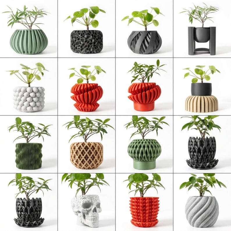 Pu&ograve; includere: Una griglia di sedici piccole piante in vaso. Ogni pianta ha foglie verdi ed &egrave; in un vaso dal design unico. I vasi sono di vari colori, tra cui verde, nero, rosso e bianco. I vasi hanno diverse trame e forme.