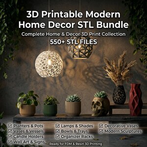 Pu&ograve; includere: Immagine di elementi di arredo casa stampati in 3D, tra cui fioriere, vasi e lampade. Sono presenti una fioriera a forma di teschio, vasi geometrici e lampade a sospensione. Il testo recita "3D Printable Modern Home Decor STL Bundle" e "550+ STL FILES."