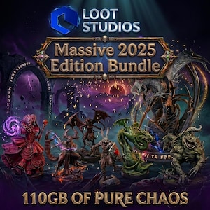 May include: A promotional image for Loot Studios' Massive 2025 Edition Bundle. The image features various fantasy figurines, including dragons and demons, with the text "110GB OF PURE CHAOS". The Loot Studios logo is at the top.